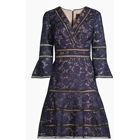 Shani Floral Jacquard Lattice Trim Fit & Flare Midi-Dress in Black/Blue NWOT Siz - Picture 4 of 8